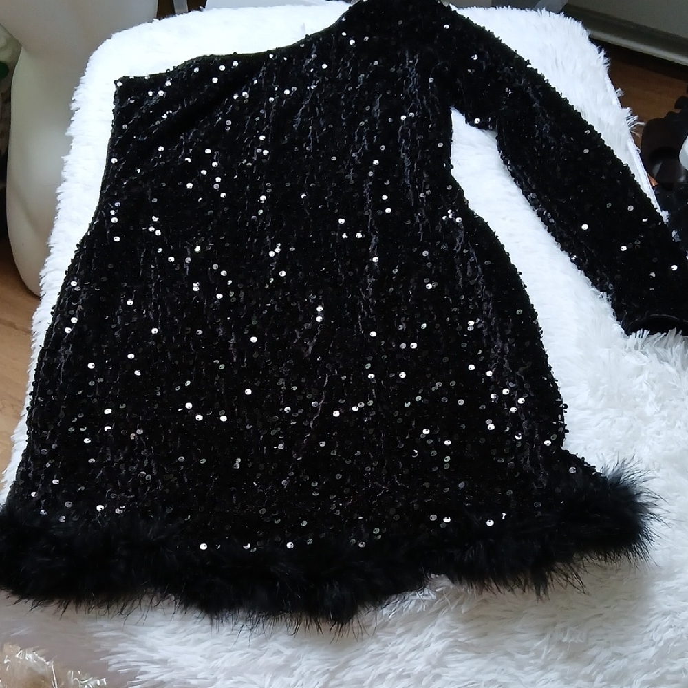 Whimsigoth Dark Black Sequin Feather Trim One-Shoulder‎ Midi Party Prom Dress